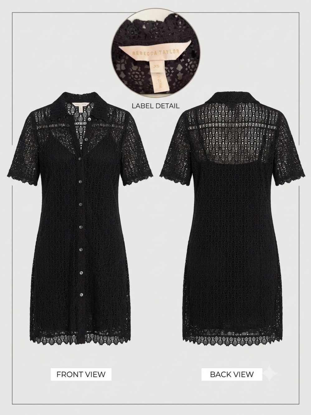 Rebecca Taylor Black Crochet Lace Button-Front Chemise